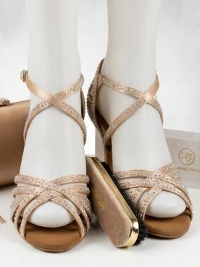 Embellished Champagne Strappy Dance Heels - Women